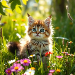A cute manul cat with fluffy fur and big, expressive eyes, sitting playfully in a lush green meadow