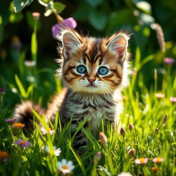 A cute manul cat with fluffy fur and big, expressive eyes, sitting playfully in a lush green meadow