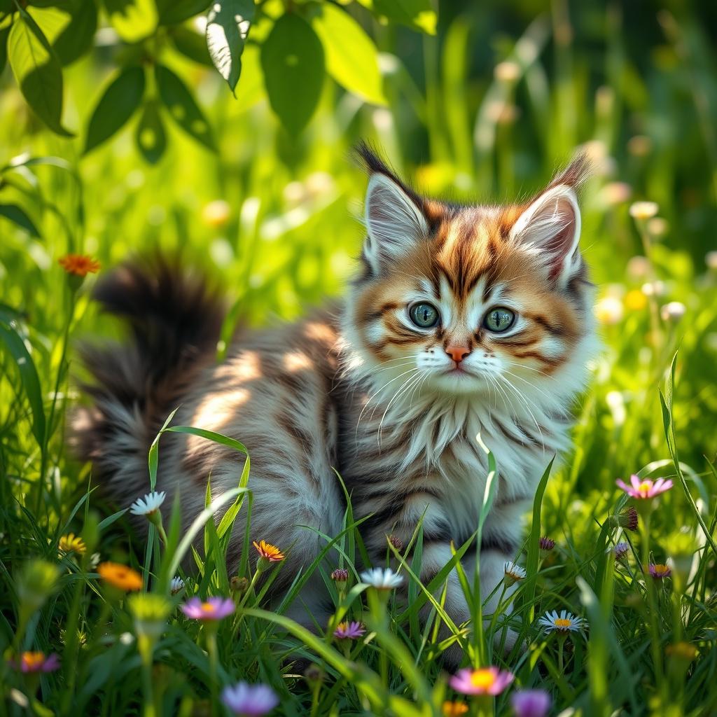 A cute manul cat with fluffy fur and big, expressive eyes, sitting playfully in a lush green meadow