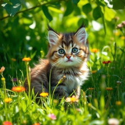 A cute manul cat with fluffy fur and big, expressive eyes, sitting playfully in a lush green meadow