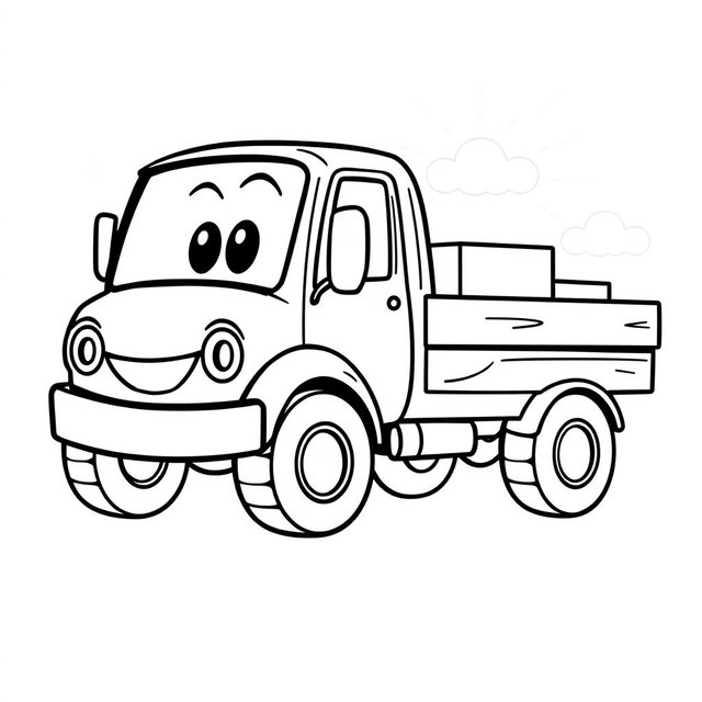 A black and white illustration of a cartoon flatbed truck, designed for a coloring book