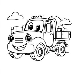 A black and white illustration of a cartoon flatbed truck, designed for a coloring book