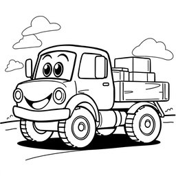 A black and white illustration of a cartoon flatbed truck, designed for a coloring book