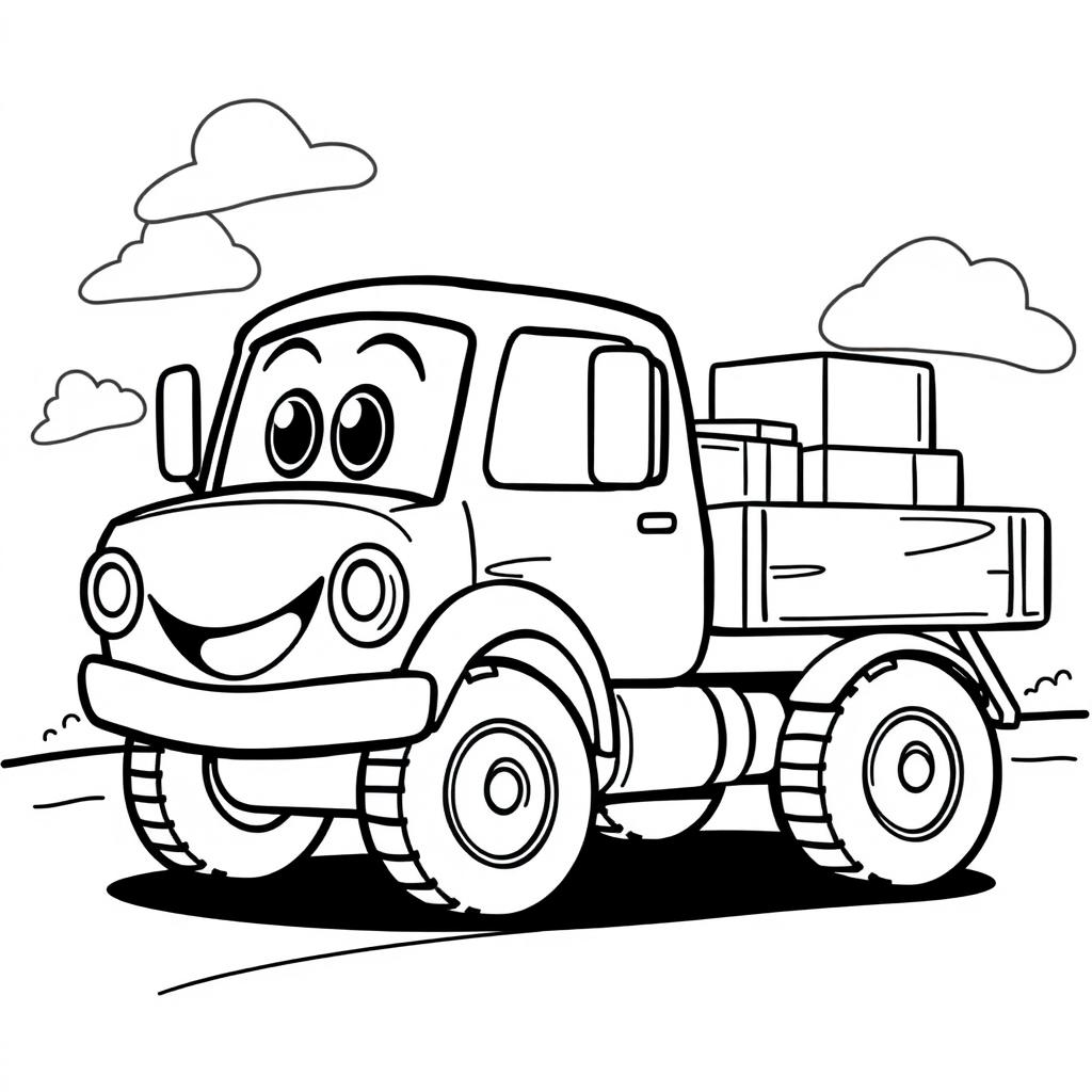 A black and white illustration of a cartoon flatbed truck, designed for a coloring book