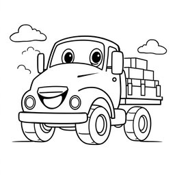 A black and white illustration of a cartoon flatbed truck, designed for a coloring book
