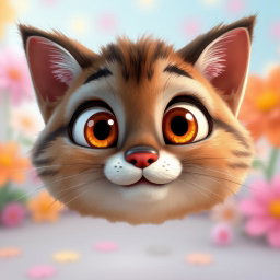 A cute manul cat face in a Pixar animation style, featuring large, bright eyes filled with curiosity and a playful expression