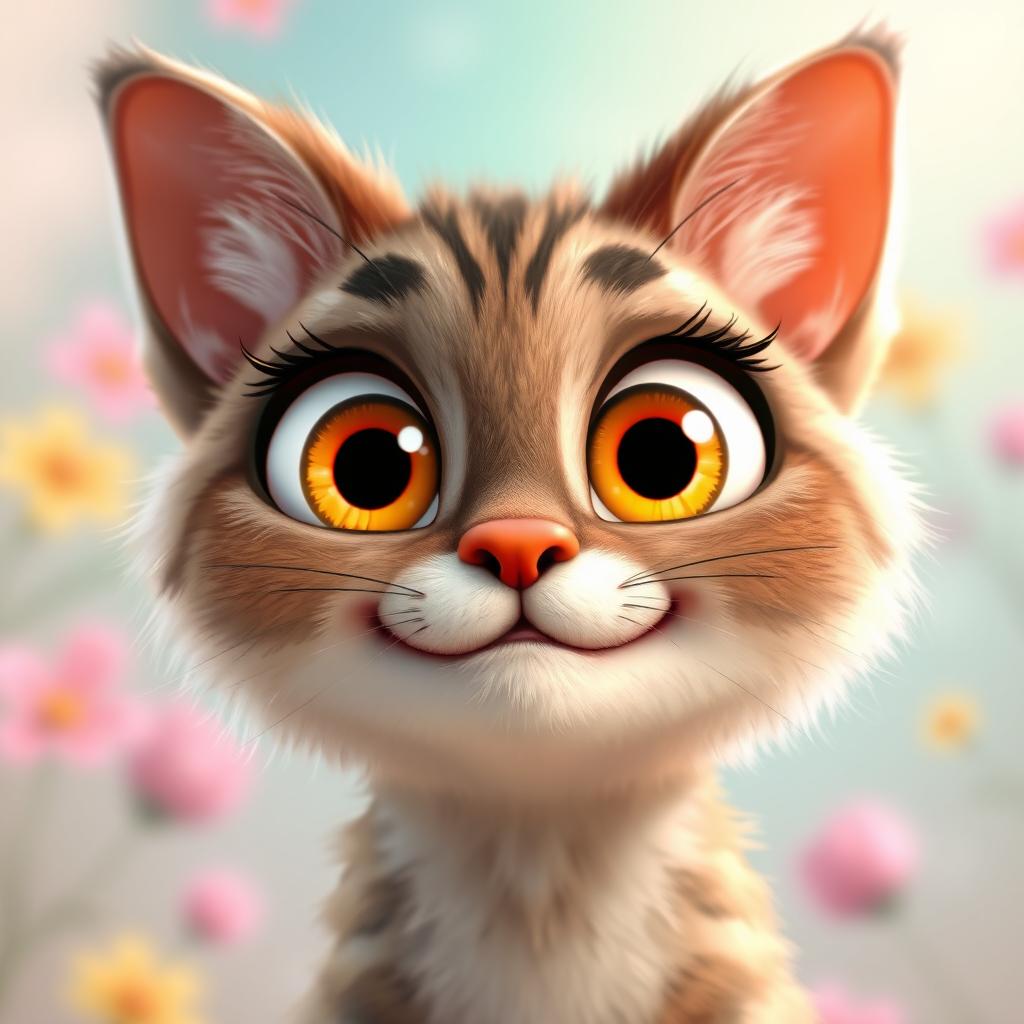 A cute manul cat face in a Pixar animation style, featuring large, bright eyes filled with curiosity and a playful expression