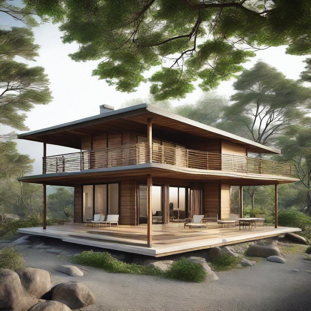 A serene, two-storey retreat camp administration building gracefully positioned on a mountain slope. The structure includes two offices, three comforting bedrooms, a practical kitchen, an expansive dining area accommodating 80 persons, and a communal gathering area featuring a charming fireplace.