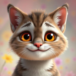A cute manul cat face in a Pixar animation style, featuring large, bright eyes filled with curiosity and a playful expression