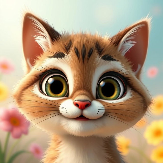 A cute manul cat face in a Pixar animation style, featuring large, bright eyes filled with curiosity and a playful expression