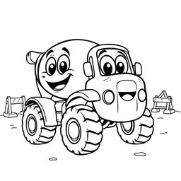 A black and white illustration of a cartoon cement truck, designed for a coloring book
