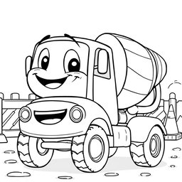 A black and white illustration of a cartoon cement truck, designed for a coloring book