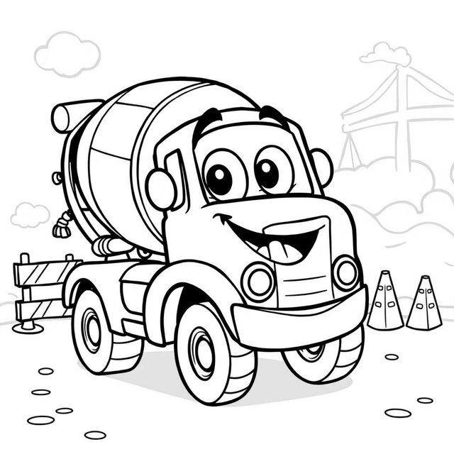 A black and white illustration of a cartoon cement truck, designed for a coloring book