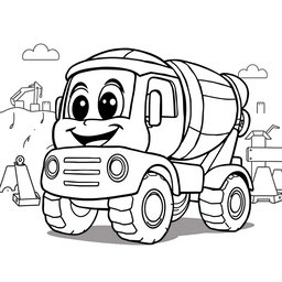 A black and white illustration of a cartoon cement truck, designed for a coloring book