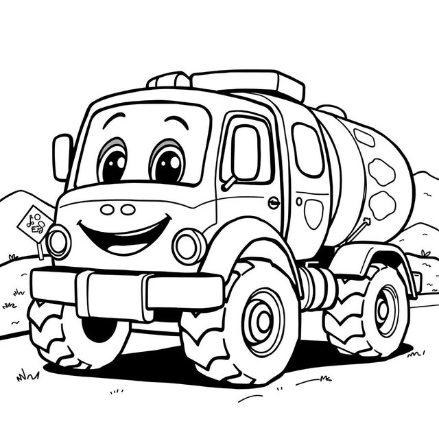 A black and white illustration of a cartoon tanker truck, designed for a coloring book