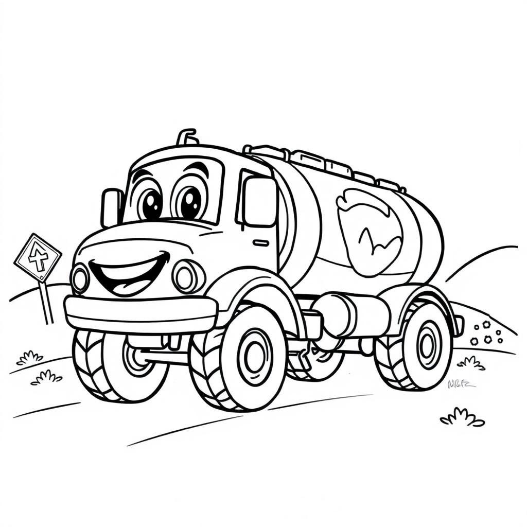 A black and white illustration of a cartoon tanker truck, designed for a coloring book