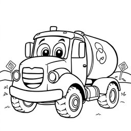 A black and white illustration of a cartoon tanker truck, designed for a coloring book