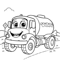 A black and white illustration of a cartoon tanker truck, designed for a coloring book