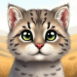A detailed and adorable illustration of a manul cat (Pallas's cat) face, showcasing its distinctive features