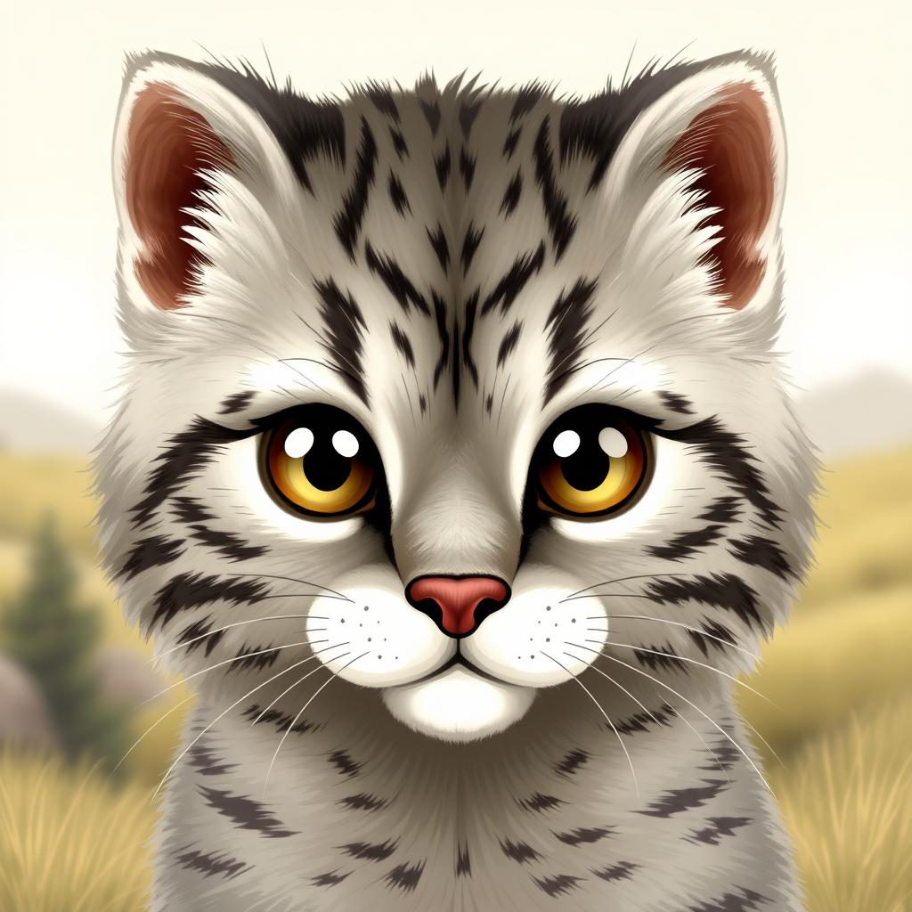 A detailed and adorable illustration of a manul cat (Pallas's cat) face, showcasing its distinctive features