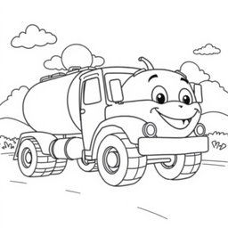 A black and white illustration of a cartoon tanker truck, designed for a coloring book