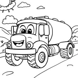 A black and white illustration of a cartoon tanker truck, designed for a coloring book