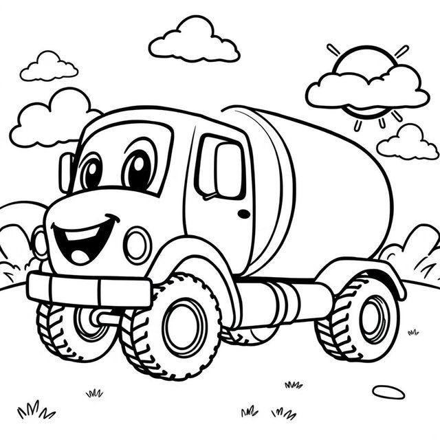 A black and white illustration of a cartoon tanker truck, designed for a coloring book
