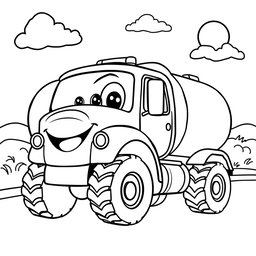 A black and white illustration of a cartoon tanker truck, designed for a coloring book