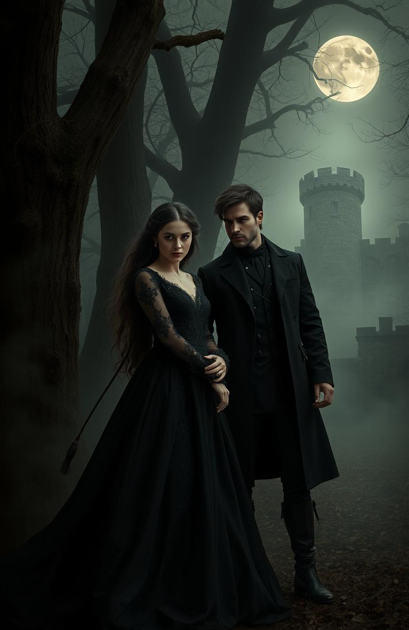A gothic romance scene set in a historical fantasy world, featuring a dark, misty forest with towering, ancient trees