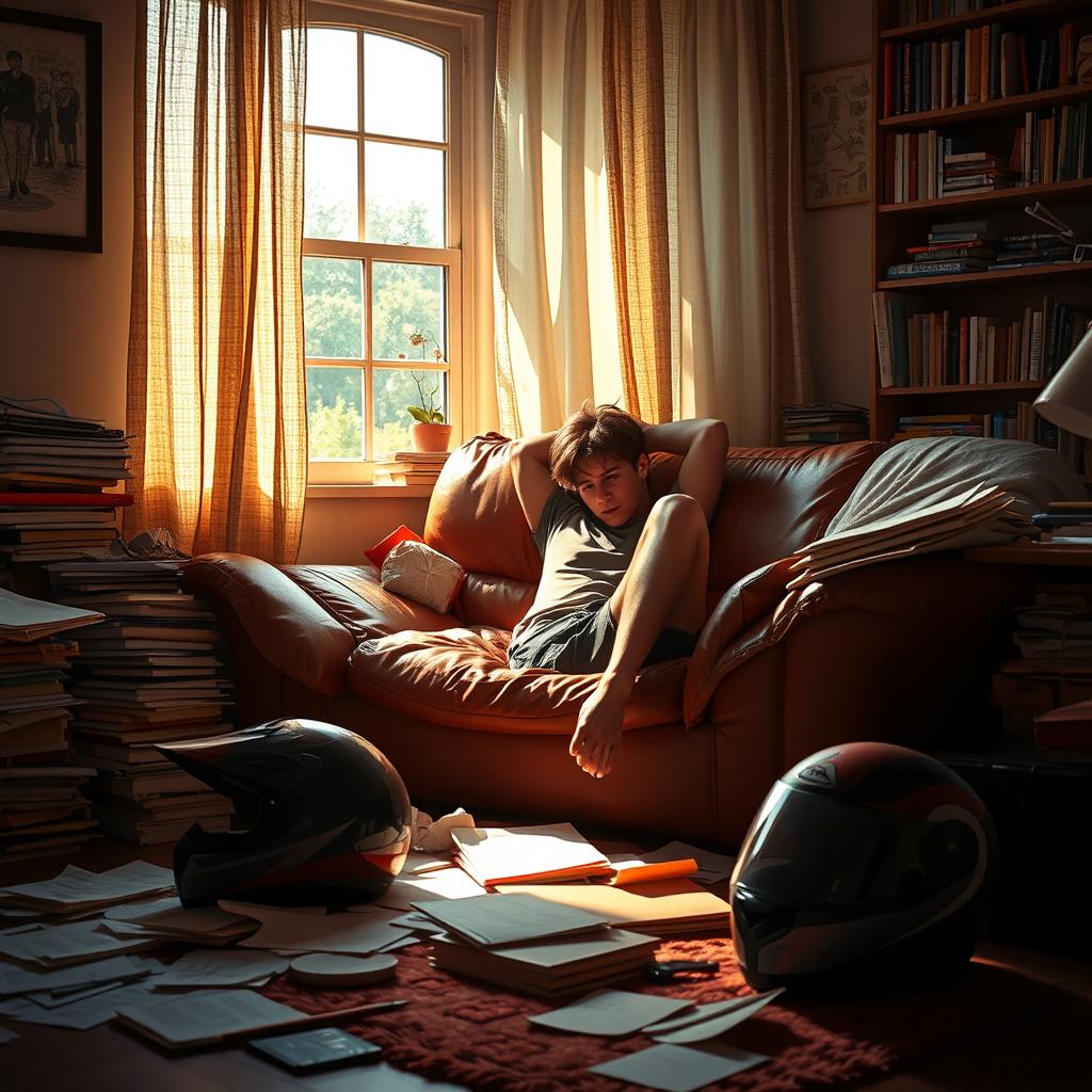 A vibrant and dramatic scene depicting a young adult feeling frustrated and melancholic in a cozy living room