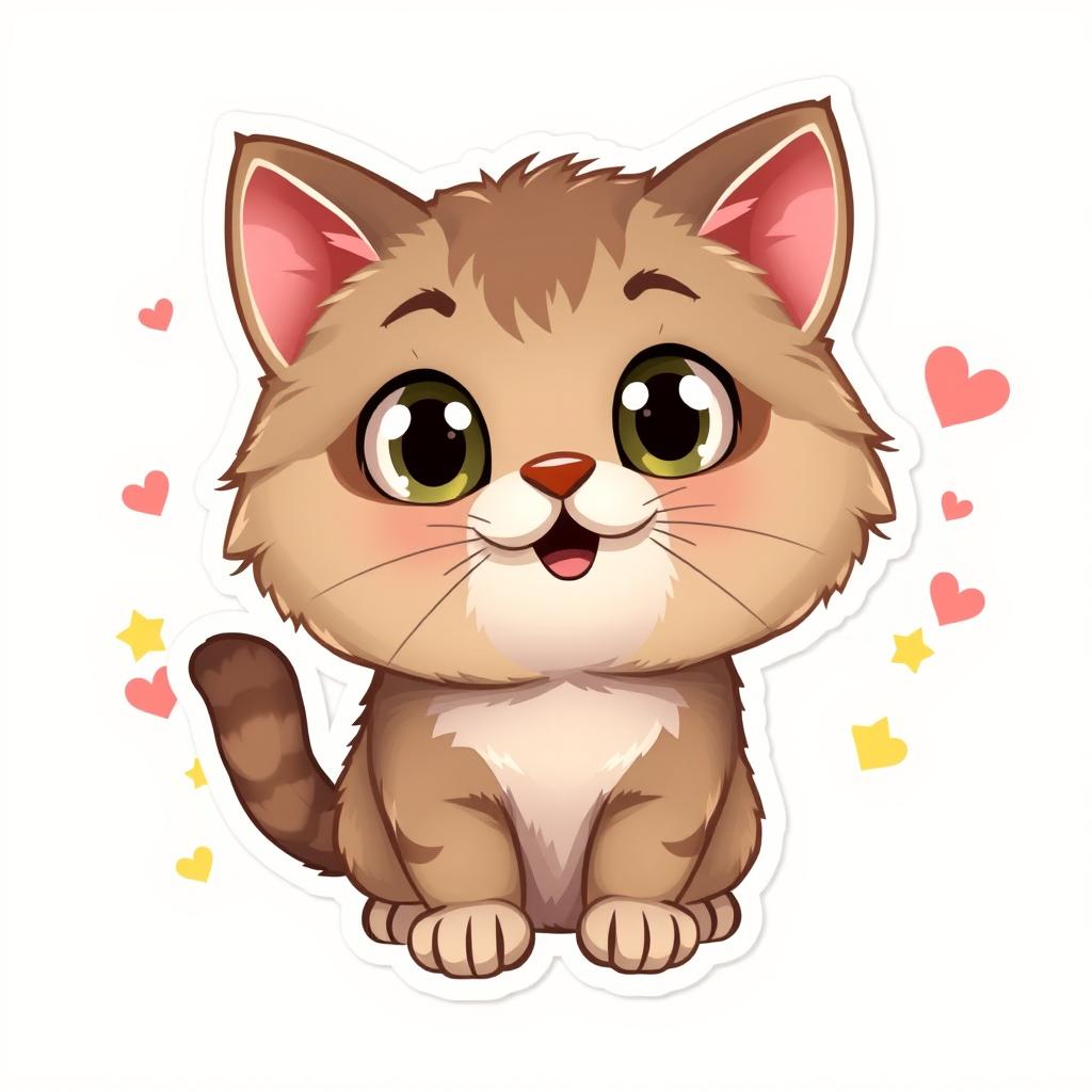 A cute cartoon-style manul cat, with oversized round eyes and a fluffy fur texture, depicted in a playful and cheerful pose