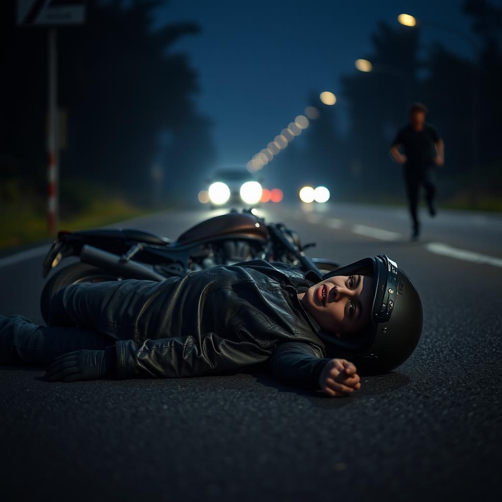 A dramatic scene of a motorcycle accident, depicting a dark road illuminated by the headlights of nearby vehicles