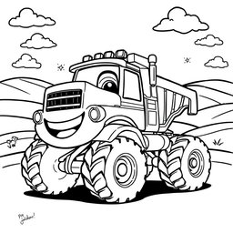 A black and white illustration of a cartoon heavy truck, tailored for a children's coloring book