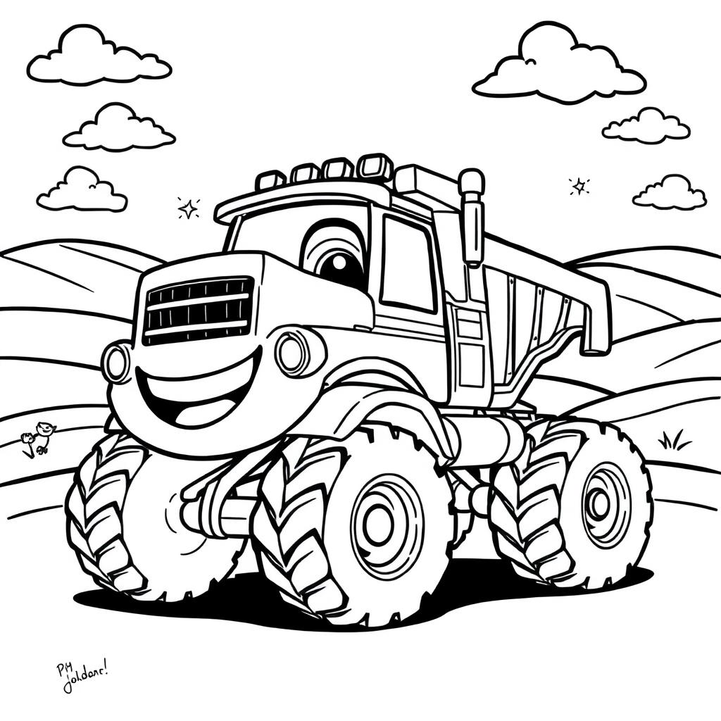 A black and white illustration of a cartoon heavy truck, tailored for a children's coloring book