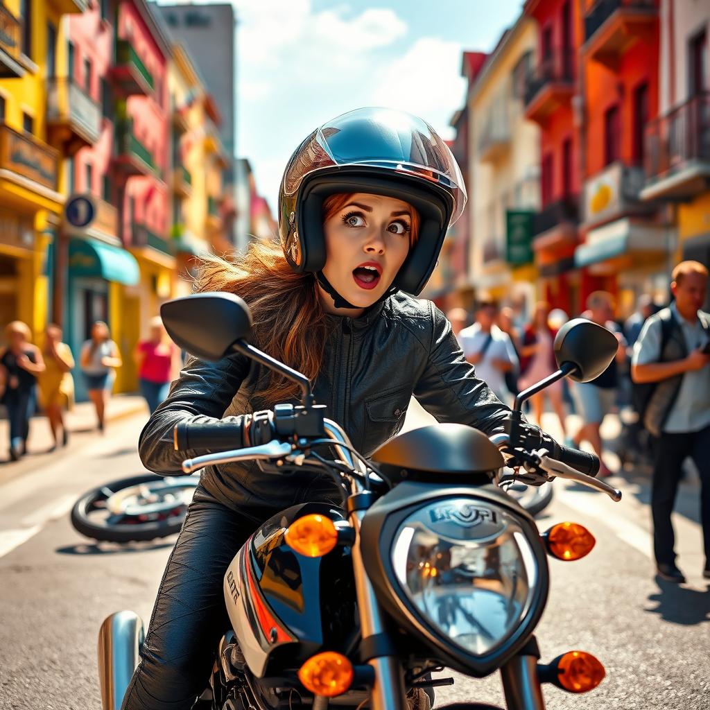 A vibrant scene depicting a female motorcyclist with a shocked expression after a minor motorcycle accident