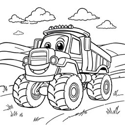 A black and white illustration of a cartoon heavy truck, tailored for a children's coloring book