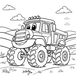 A black and white illustration of a cartoon heavy truck, tailored for a children's coloring book
