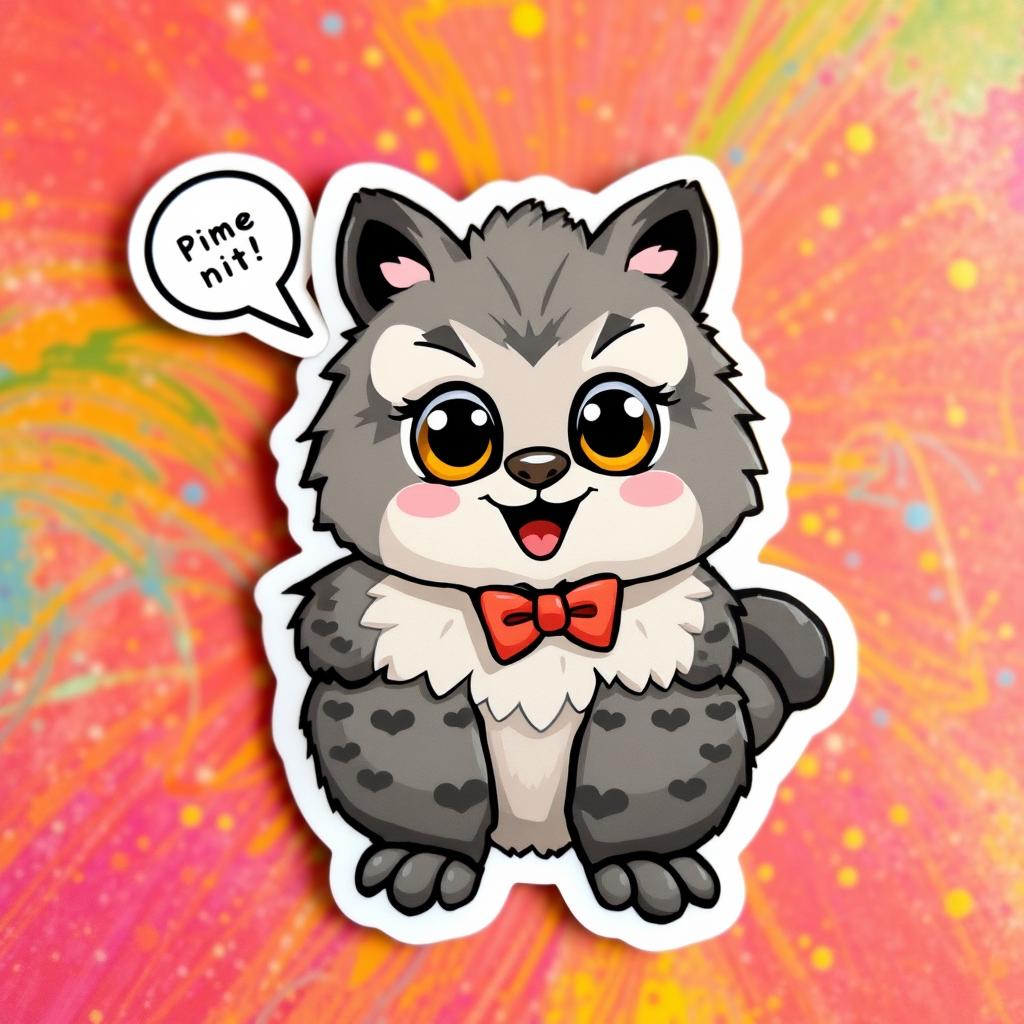 A cute cartoon manul (Pallas's cat) character, with big expressive eyes and a playful smile, sitting playfully against a colorful, vibrant background