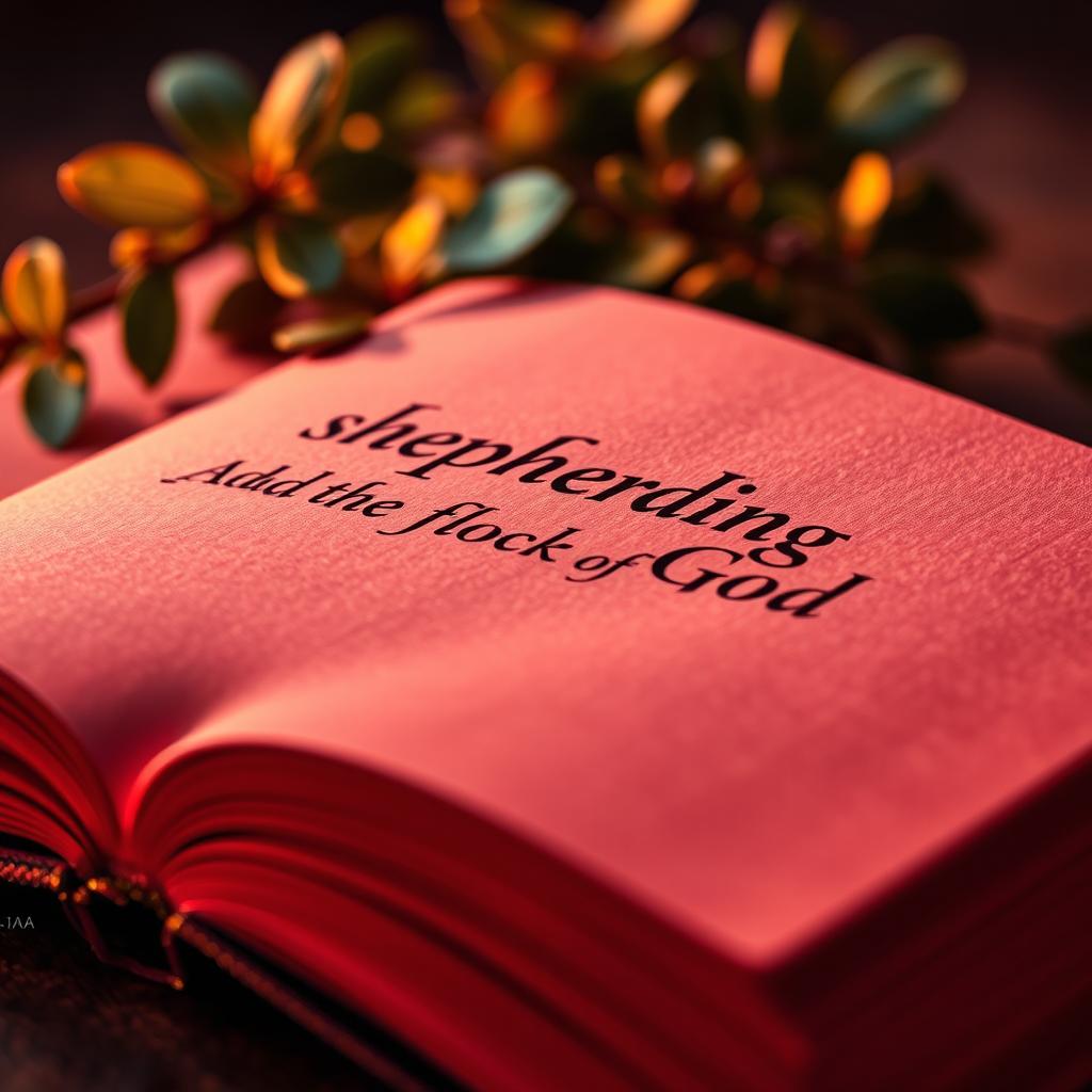 A close-up of an open book with the title 'Shepherding the Flock of God' prominently displayed on a richly textured page