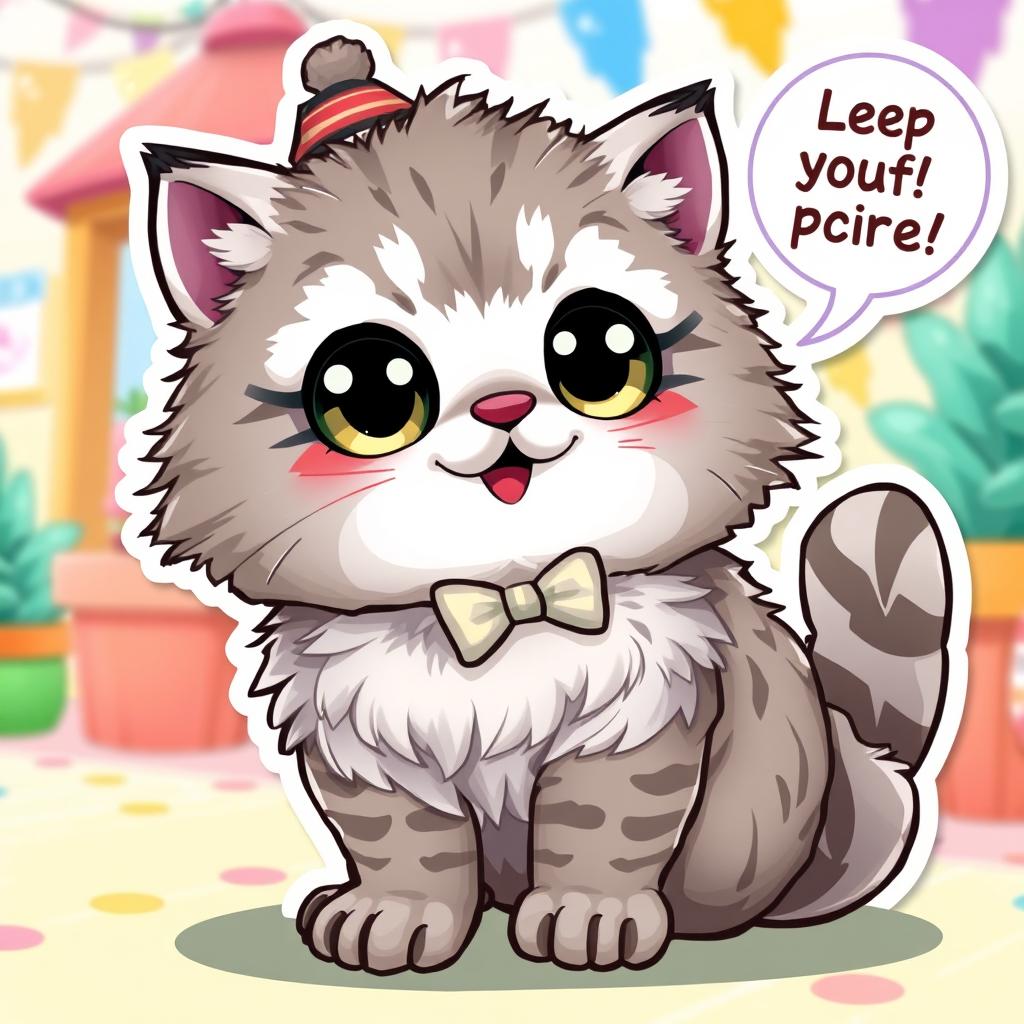 A cute cartoon manul (Pallas's cat) illustrated as a character, featuring large, sparkling eyes and a cheerful expression