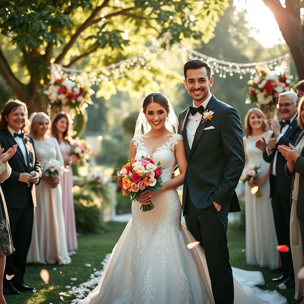 An elegant outdoor wedding scene featuring a beautiful bride in a stunning white gown adorned with lace, holding a bouquet of colorful flowers