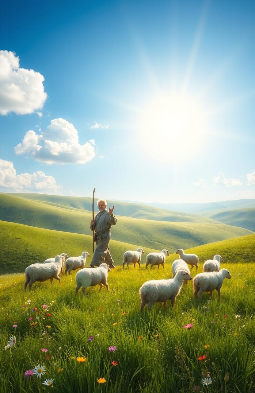 A serene pastoral scene depicting a shepherd gently guiding a flock of sheep across a sun-kissed hillside