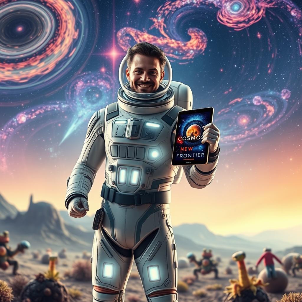 An innovative space explorer, portrayed as a charismatic, adventurous figure in a futuristic setting