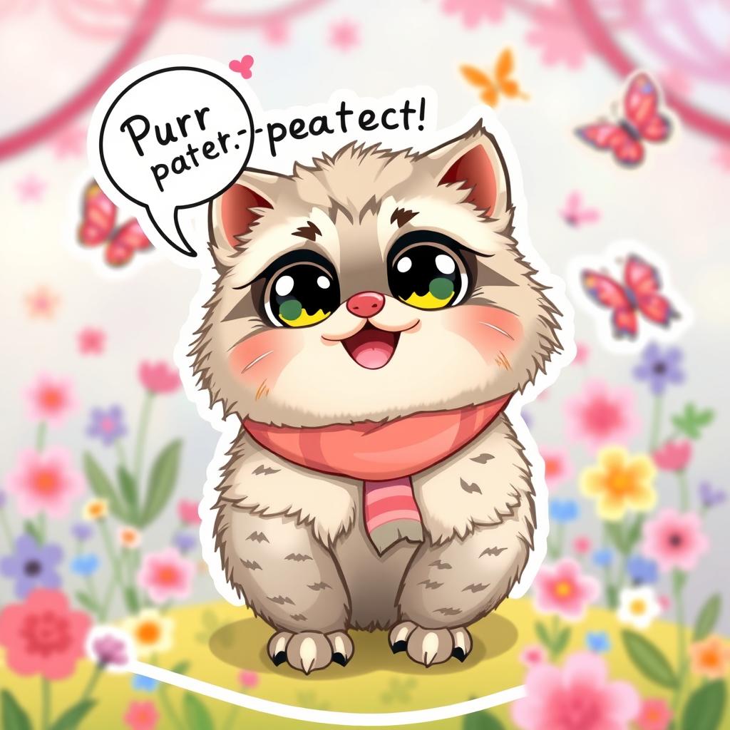 A delightful cartoon manul (Pallas's cat) sticker featuring a cute, chubby manul with oversized, sparkling eyes and a joyful smile
