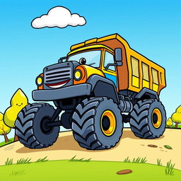 A colorful cartoon illustration of a heavy truck, featuring bold outlines and bright colors