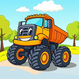 A colorful cartoon illustration of a heavy truck, featuring bold outlines and bright colors