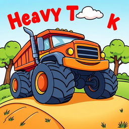 A colorful cartoon illustration of a heavy truck, featuring bold outlines and bright colors