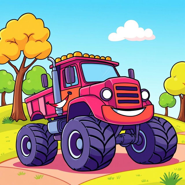A colorful cartoon illustration of a heavy truck, featuring bold outlines and bright colors
