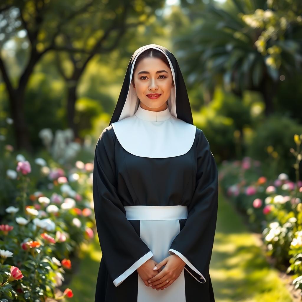 A woman dressed as a nun, wearing a traditional black and white habit, with a serene expression