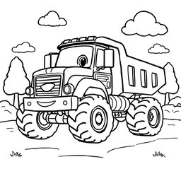 A black and white cartoon illustration of a heavy truck designed for children to color